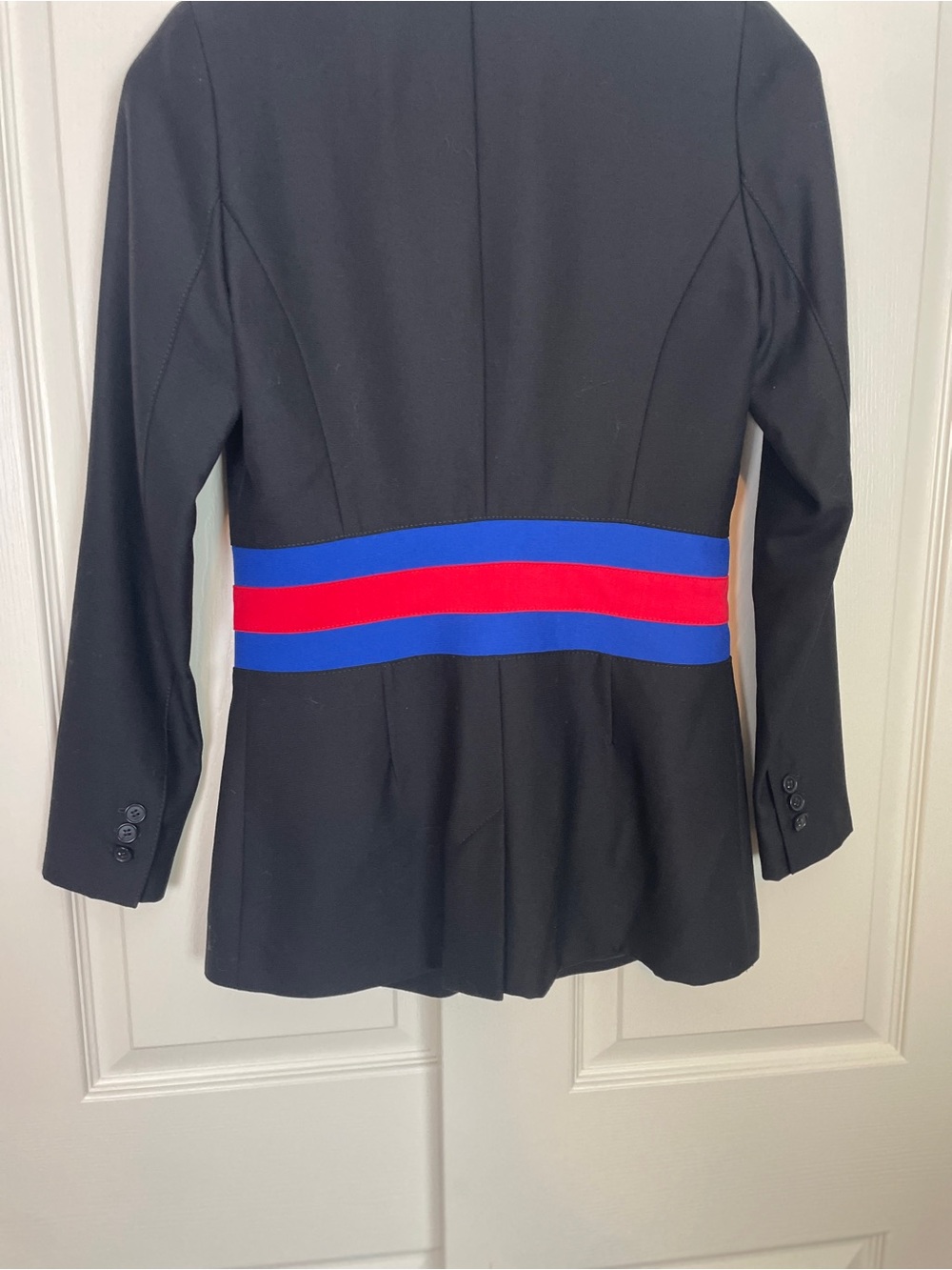 SMYTHE Black Wool Tailored Blazer Red Royal Blue Waist Stripe Sz 2 - Picture 7 of 9